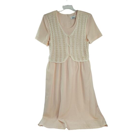 80s Vintage Cottage Core Midi Dress Crochet Vest Pastel Pink Gingham Prairie - Picture 5 of 10